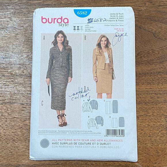 Burda sewing pattern #6582 blazer jacket & skirt set UNCUT size US 8-20 - Picture 1 of 6